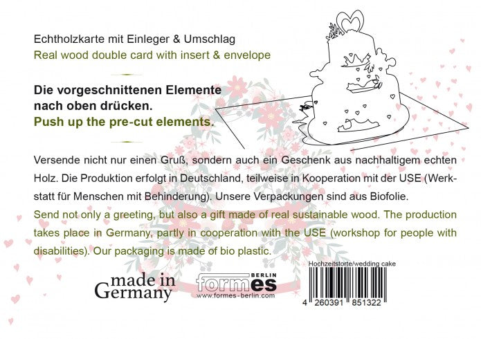 Grußkarte mit PopUp-Motiv "Torte" aus FSC zertifiziertem Birkenholz